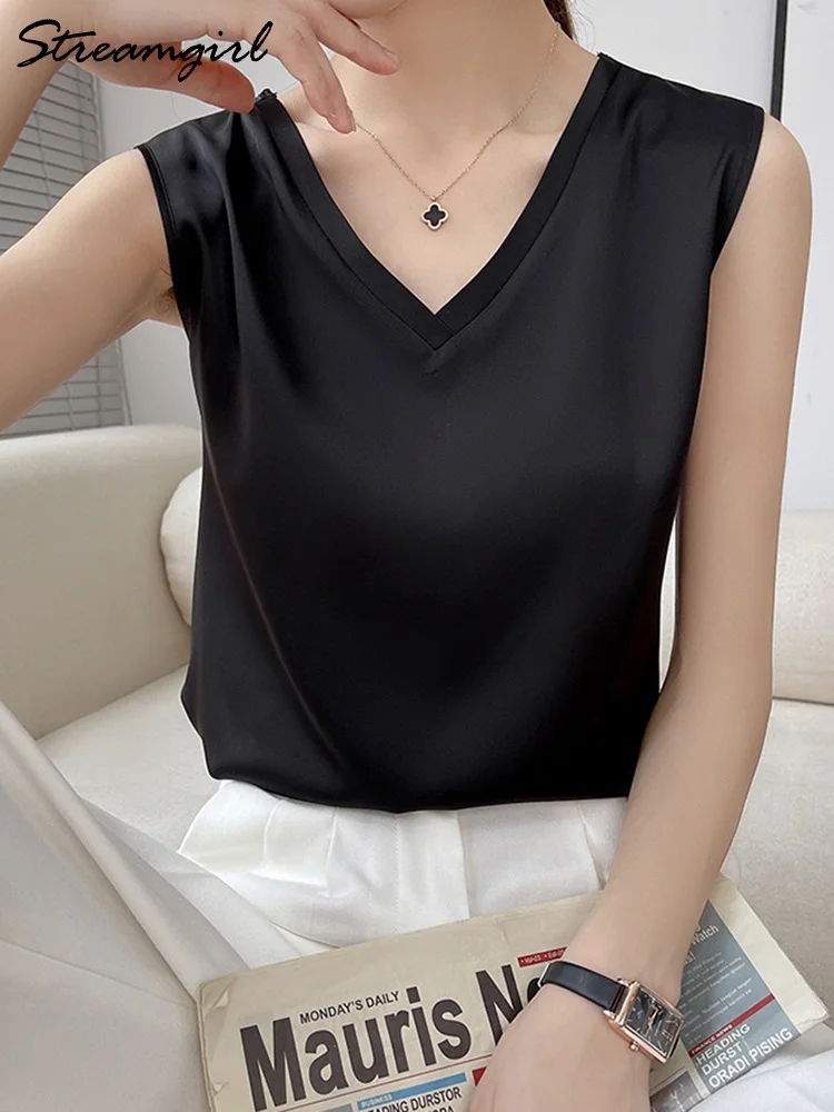 Silk Blouse Women Sleeveless Satin 2022 Summer Basic V Neck White Blouses Sleeveless Silk Summer Clothes For Women Blouses Black