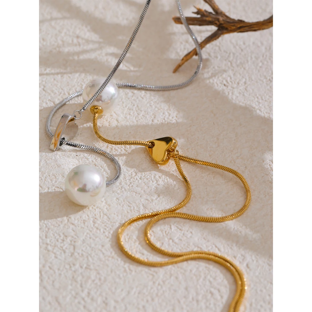 Yhpup New Arrival Simulated Pearls Round Drop Adjustable Necklace Pendant for Women Fashion Stainless Steel Korean Jewelry