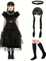 Wednesday Addams Kid Girl Princess Cosplay Costume Wig Props Birthday Halloween Christmas Dance Outfit Gothic Witch Lolita Dress