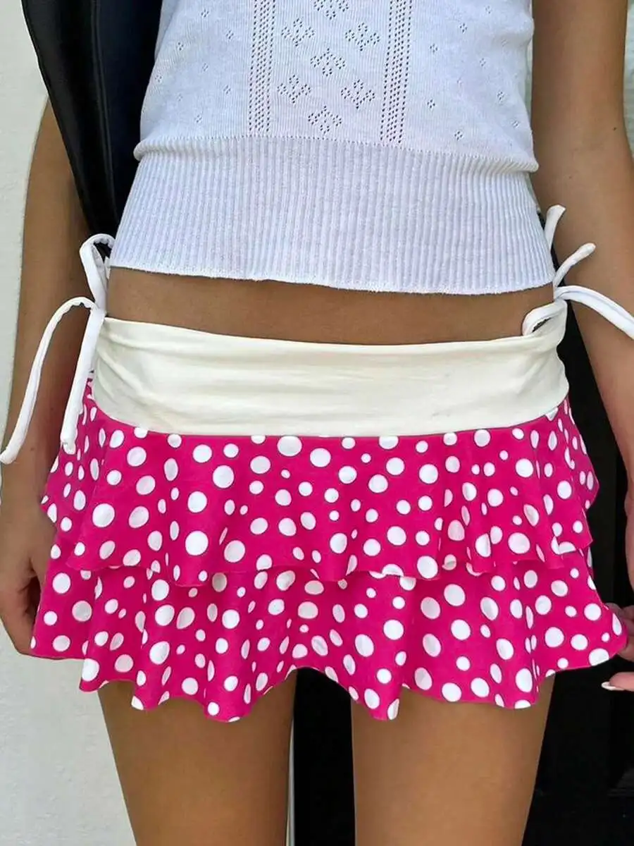 Layered Ruffle Mini Skirt For Women Polka Dot High Waist A-Line Summer Boho Skirt