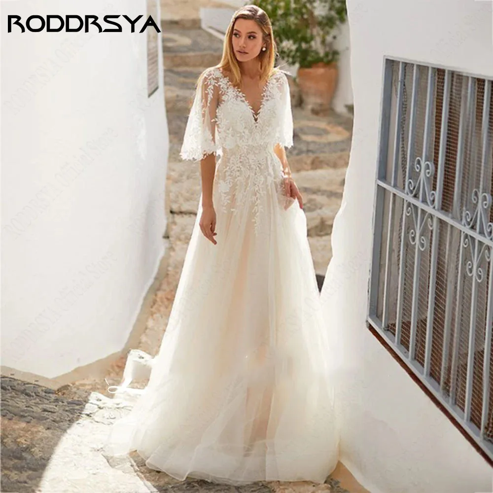 RODDRSYA Strand Half Mouwen Bruidsjurken Dubbele V-hals Backless Applique A-Lijn Vestido DRODDRSYA Strand Half mouwen Trouwjurken Dubbele V-hals Backless Applique A-lijn Vestido De Novia Bruidsjurk 2024 op maat gemaakt