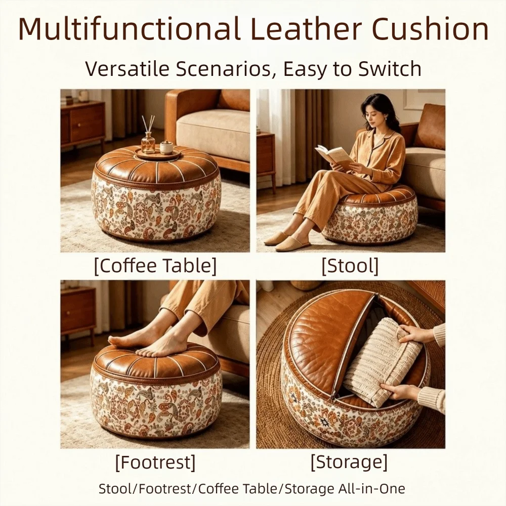 PU Leather Seat Cushion Cover Vintage Large Capacity Sofa Stool Cover Folding Unstuffed Clothes Storage Bag Leisure