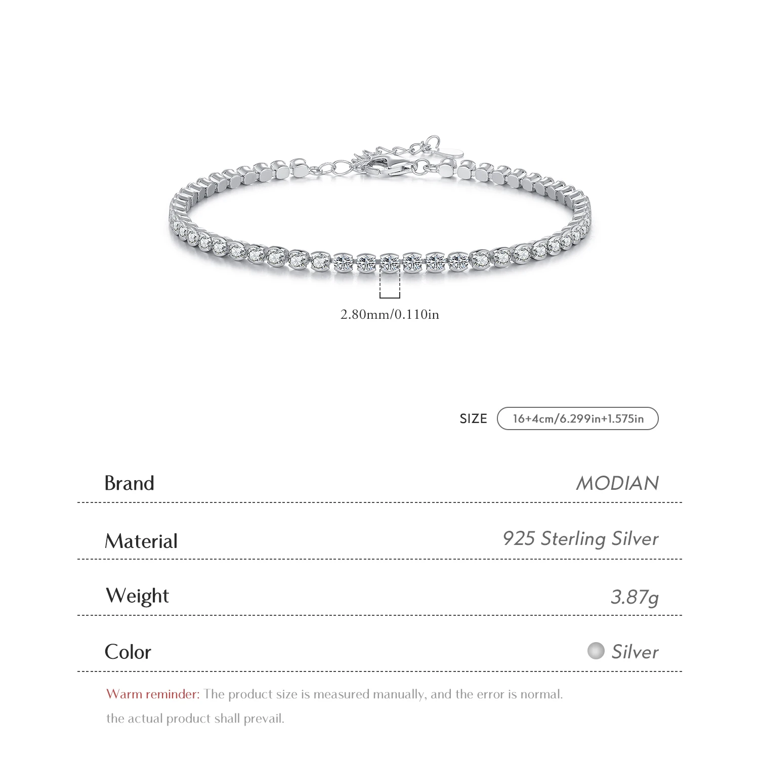MODIAN 925 Sterling Silver Sparkling CZ Tennis Bracelet Round Zirconia Platinum Plated Bracelet For Women Fine Jewelry Gift