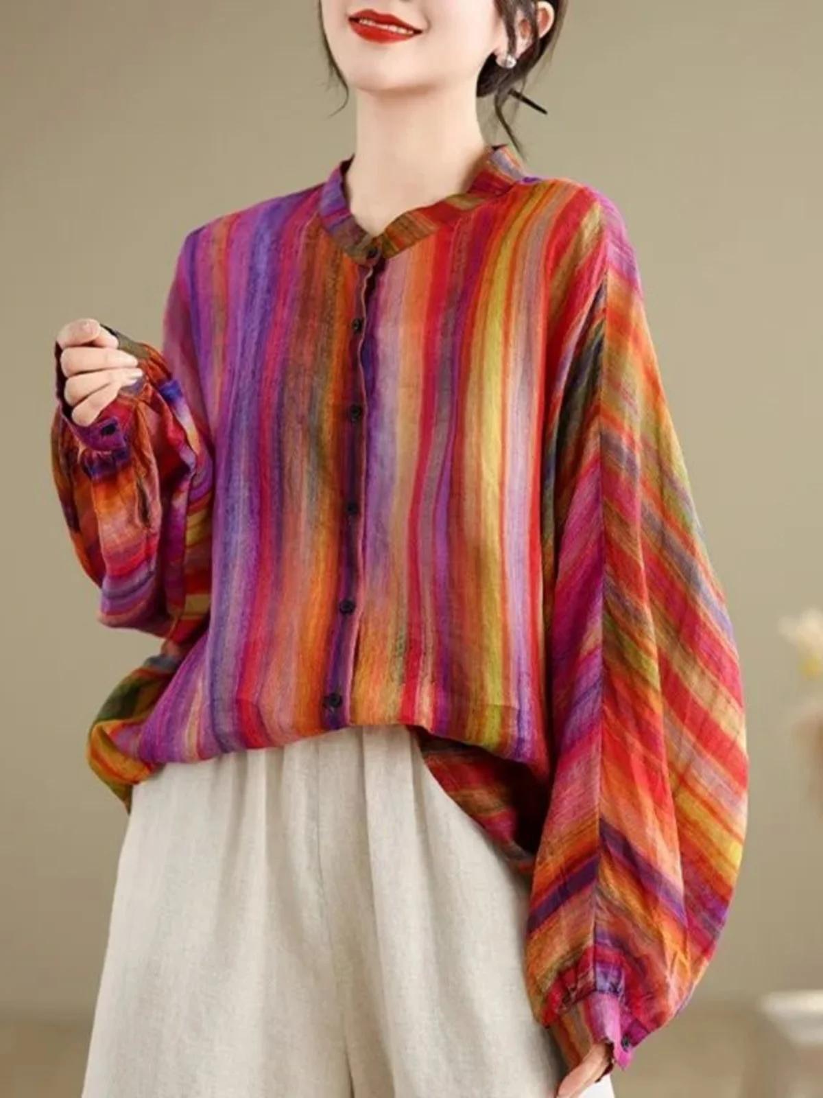 

Loose Fit Long Sve round Ne irt Street Sle Polyester Bubble Sve Printed Casual Women's irt for Ages 25-50