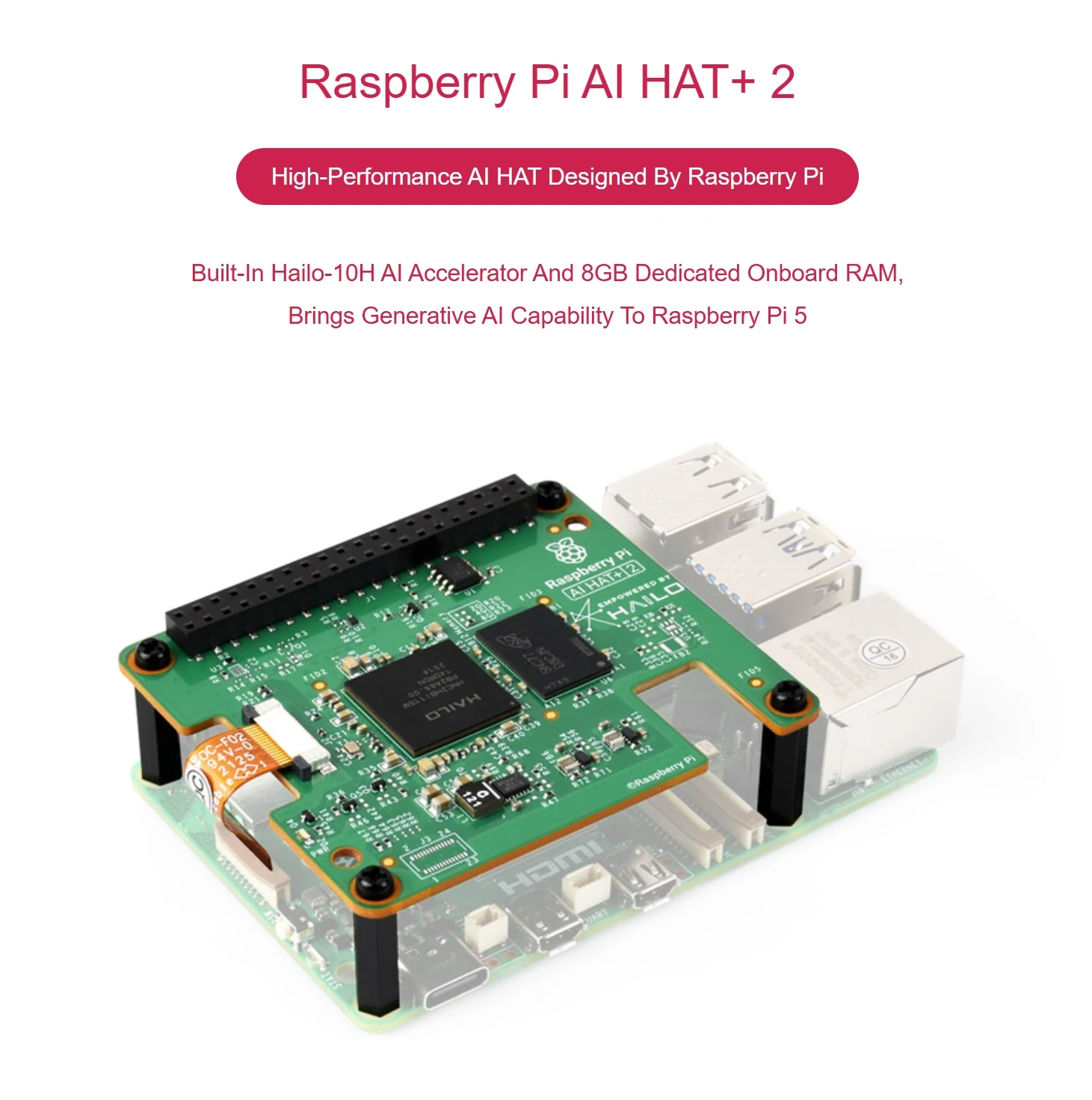Raspberry Pi AI HAT+ 2, Built-in Hailo-10H AI Accelerator And 8GB Onboard RAM, Comes With Heatsink