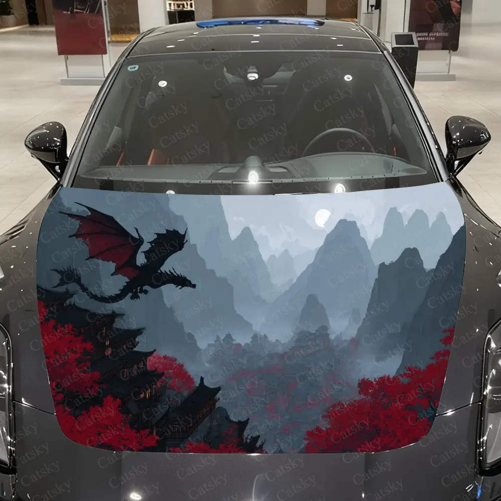 Red Maple Dragon Ancient Village Car Vinyl Wrap, PVC Waterproof Car Hood Sticker, Self-Adhesive Scratch-Resistant Stickers