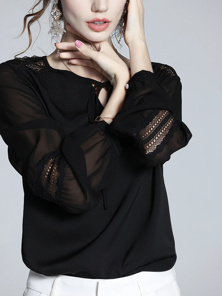 EVNISI Vintage Elegant Black Hollow Out Chiffon Blouse Shirt Women Solid Casual Blouse Long Sleeve Loose Tops Feminina Blusa