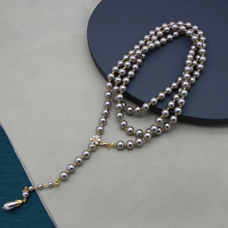 Europe And The United States Fashion Grey Glass Beads A Variety Of Wear Pearl Long Women's Necklace Jewelry