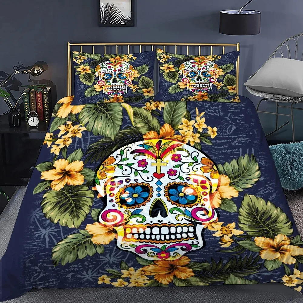 

Skull Duvet Cover Set Queen King 3D Skeleton Floral Skull Pattern Printed Polyester Comforter Cover with Zipper for Teen Adult