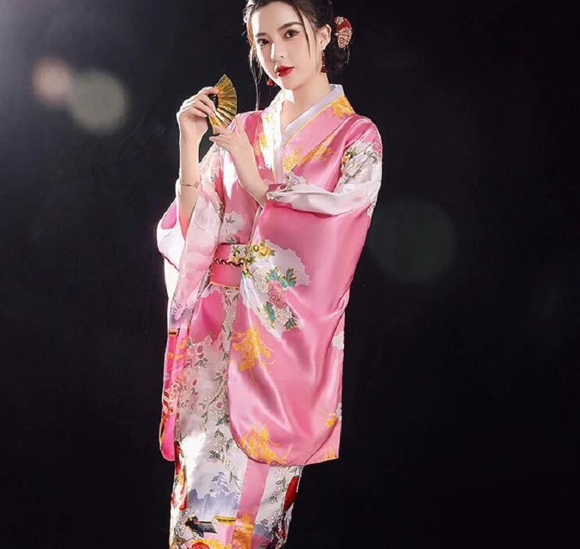 

Hot Sale Japanese Style Women's Kimono Haori Yukata With Obi Silk Satin Evening Dress Robe Fashion Printing Floral Kimonos