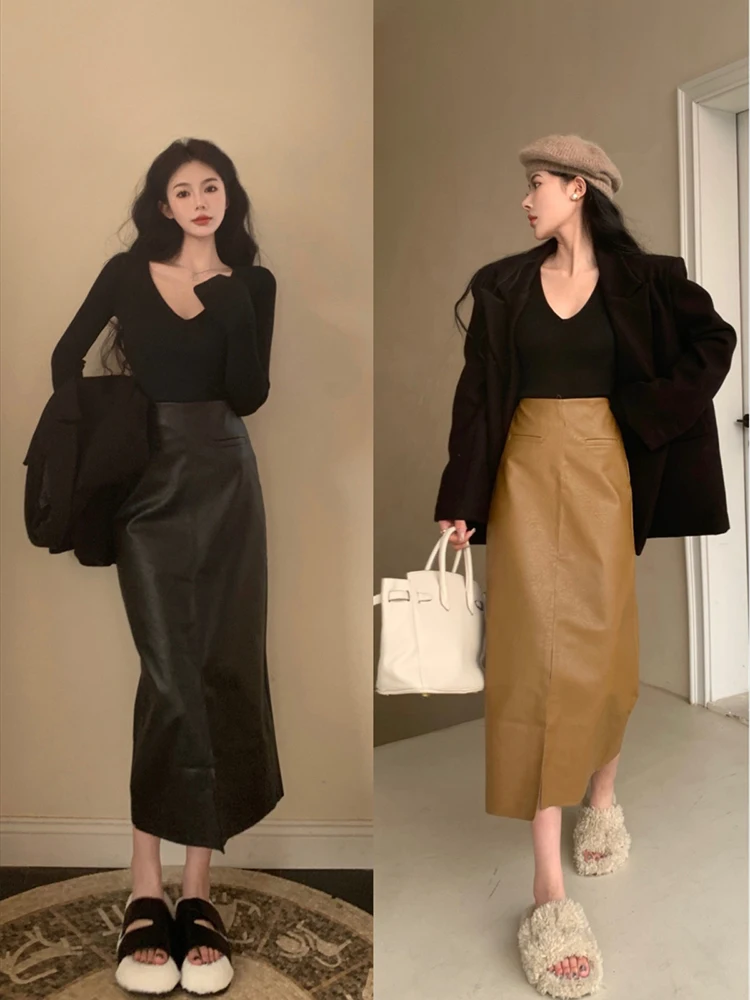 2024 New Spring Autumn Medium-Length Coffee Color Women's A- Line Bodycon Skirt With Side Slit Skirt Fashionable Sister Skirt