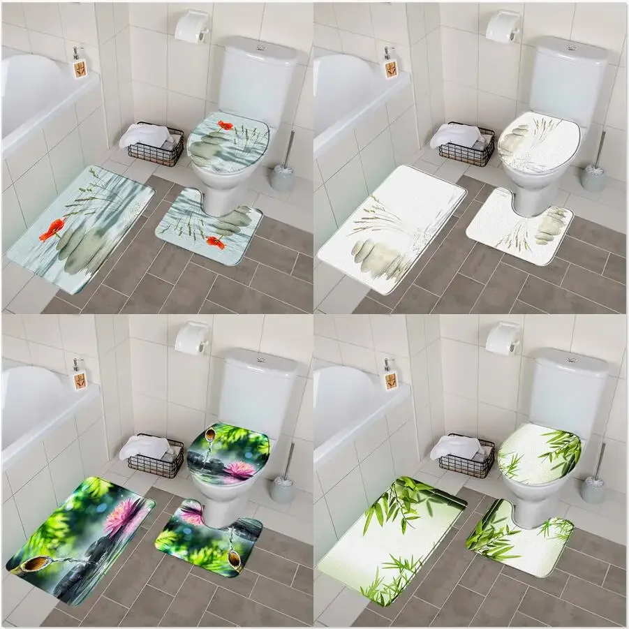 Zen Stone Bamboo 3pcs Bathroom Mat Set Flower Lotus Water Spa Antypoślizgowa flanelowa miękka wycieraczka Dywaniki podłogowe Pokrywa toalety Dywanik