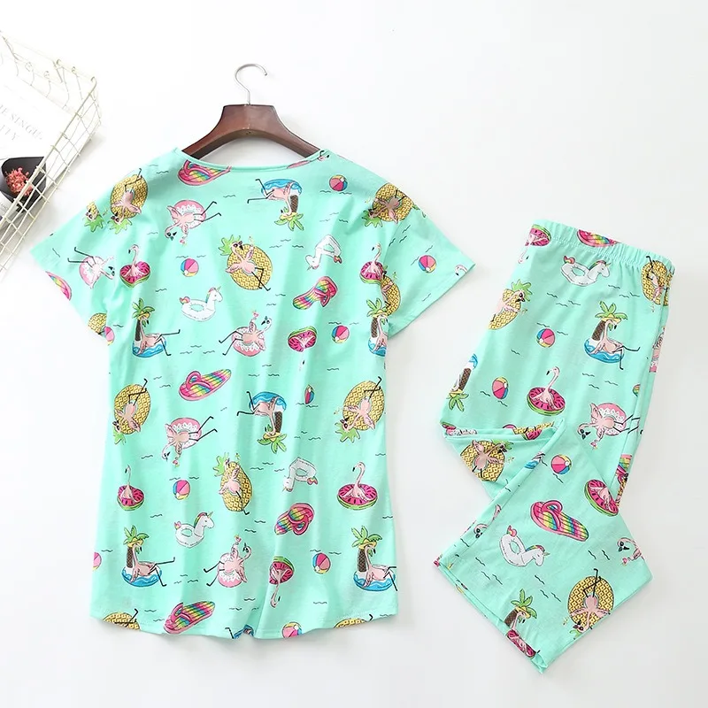 Plus Size Cotton Knit Pajama Set Short Sleeve Nightgown Capri Pants Homewear 2pcs Suit