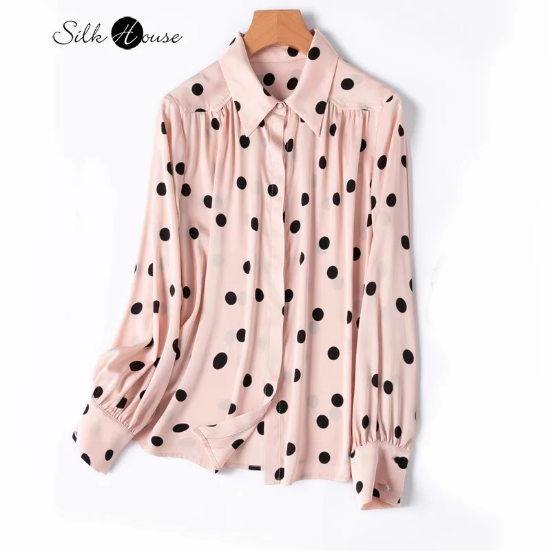 

French Polka Dot Classic Retro 19MM 93% Natural Mulberry Silk Elastic Double Qiao Satin Square Neck Long Sleeved Commuting Shirt
