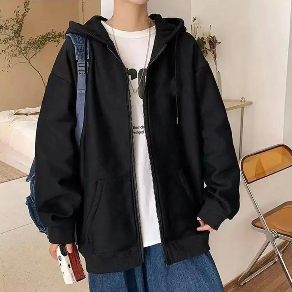 

Men Velvet Hoodie Fall Spring Men Coat Men's Fall Winter Hoodie Cardigan with Drawstring Patch Pocket Zip-up Closure Mid Length