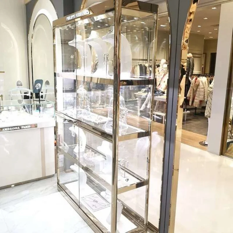 Benutzer definierte, Edelstahl Schmuck Schaufenster Vitrine mit LED-Beleuchtung Gold Display Vitrine für den Einzelhandel