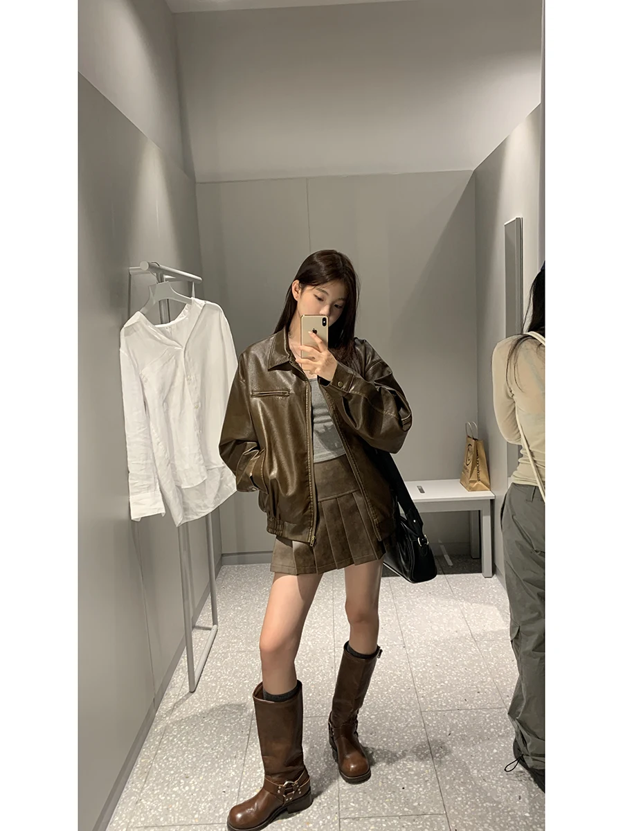 レッド人気ホールメラルレザージャケットレディース秋の新スタイル香港スタイルデザインヴィンテージバイクコーヒーカラージャケット