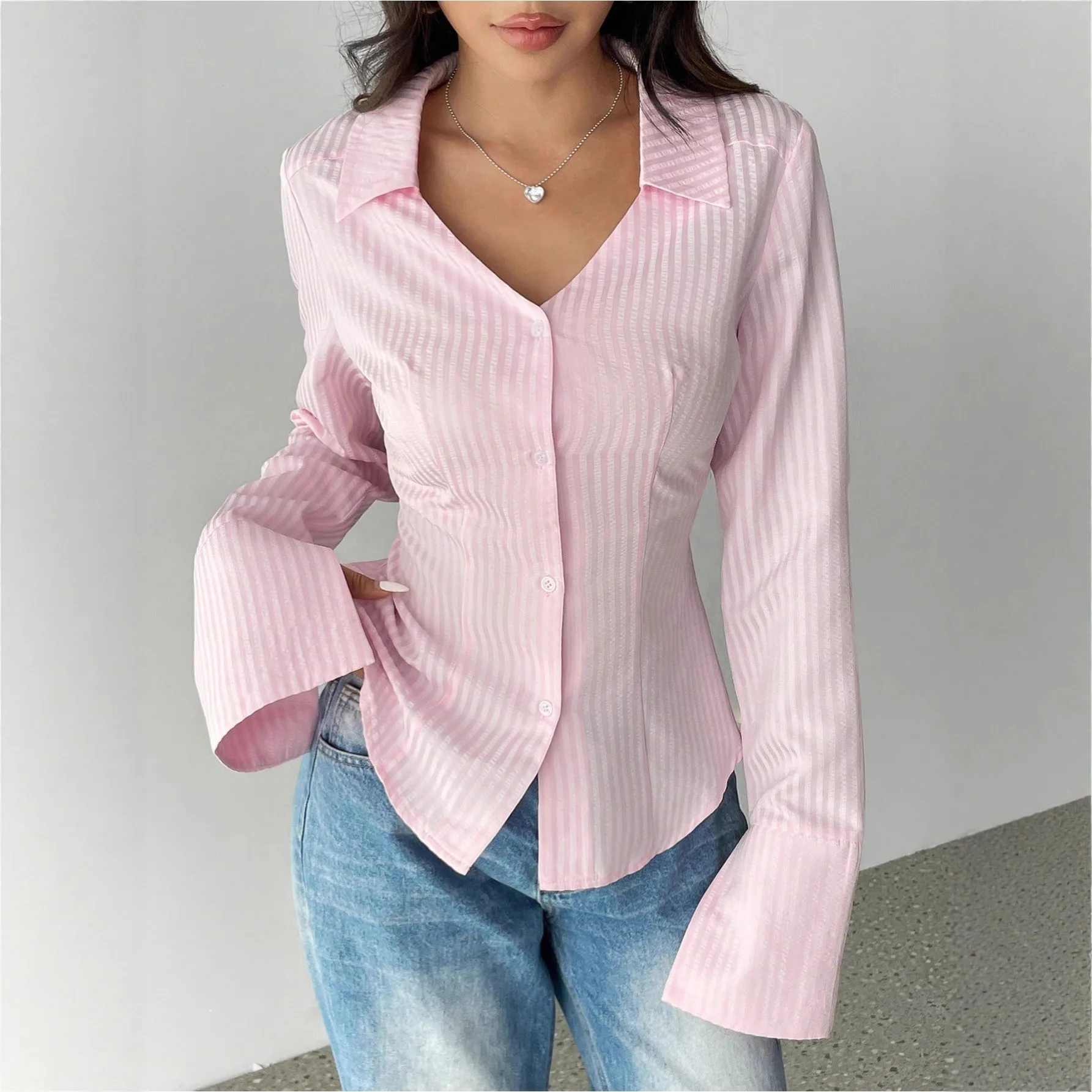 

Elegant Striped Shirt For Women Spring Autumn New Style Lapel Long Sleeved Slim Single Breasted Shirt Fashion Office Lady Top