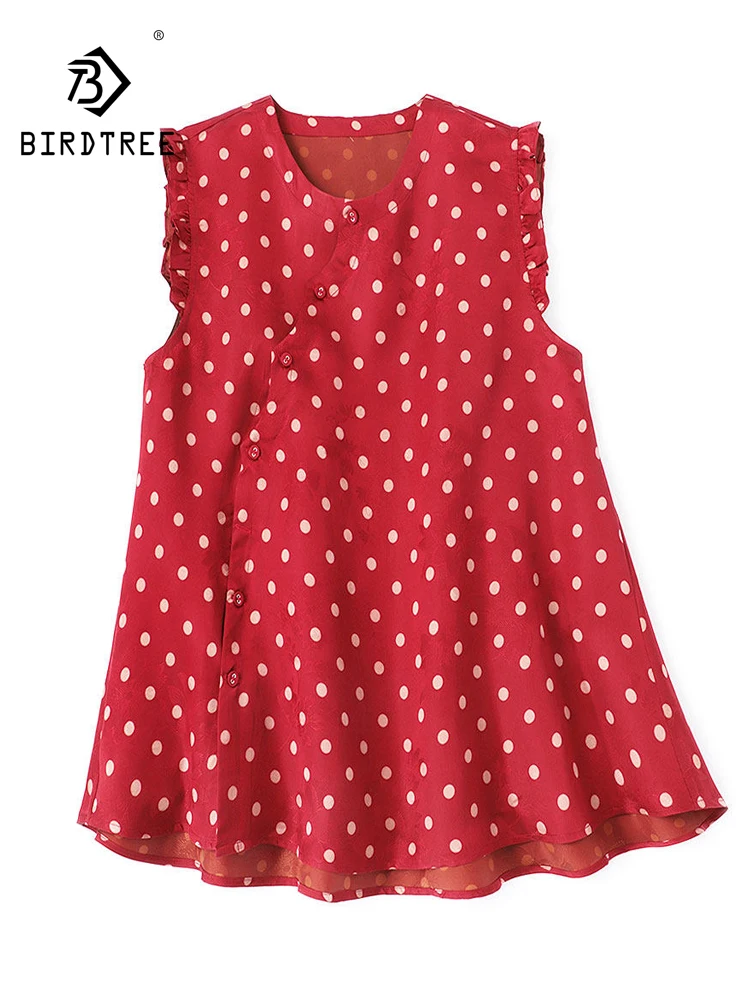 BirdTree-32MM Silk Watered Gauze Elegant Vest, O Neck Ruffles Dot, Women OL Age Reduction Loose Coat, 2026 Summer New C67189CC