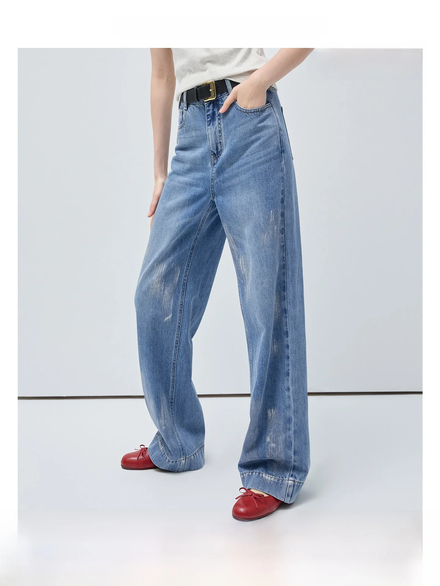 

VEGA CHANG Retro Silver Brushed Denim Jeans Women's Blue Pants High Waist Straight Leg Commute Style Four Seasons Universal