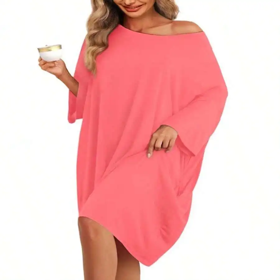 Oversized Off Shoulder Sleep Shirt For Women Bamboo Blend Loose Nightgown With Pocket