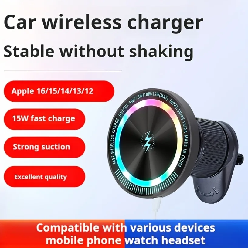 

Магнитное беспроводное зарядное устройство мощностью 15 Вт с RGB-подсветкой 360° ° Поворотный держатель для телефона-подставка для Magsafe iPhone 17 ~ 12 Samsung Xiaomi с быстрой зарядкой