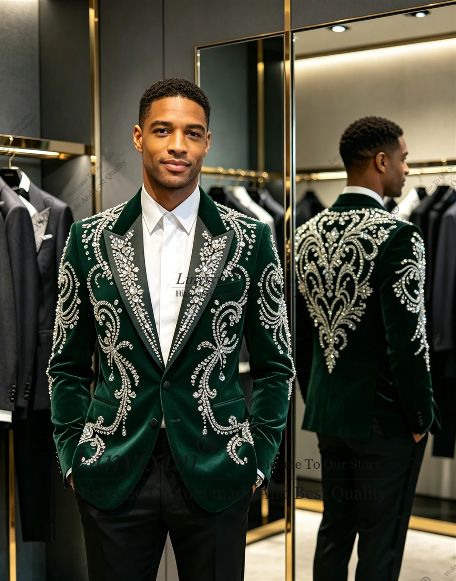

Handsome Diamond Crystal Men Suit Customized Groom Party Male Blazers Fashion Slim Costume Homme 2 Piece Sets Menswear Clothing