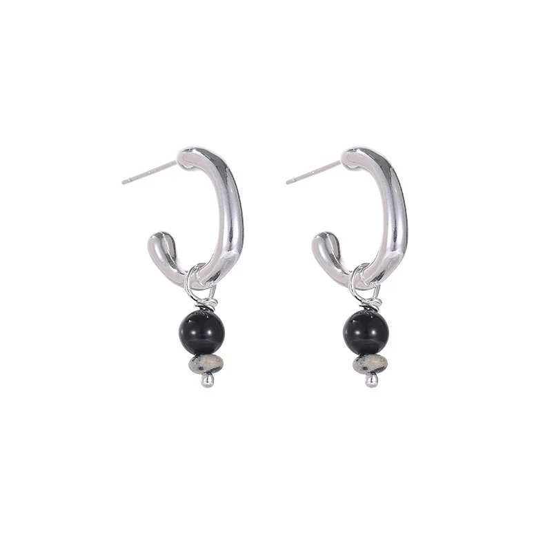 925 Sterling Silver C-shaped Semicircle Black Onyx Balls Stud Earrings For Women Wedding Party Gift Female Pendientes Mujer Moda