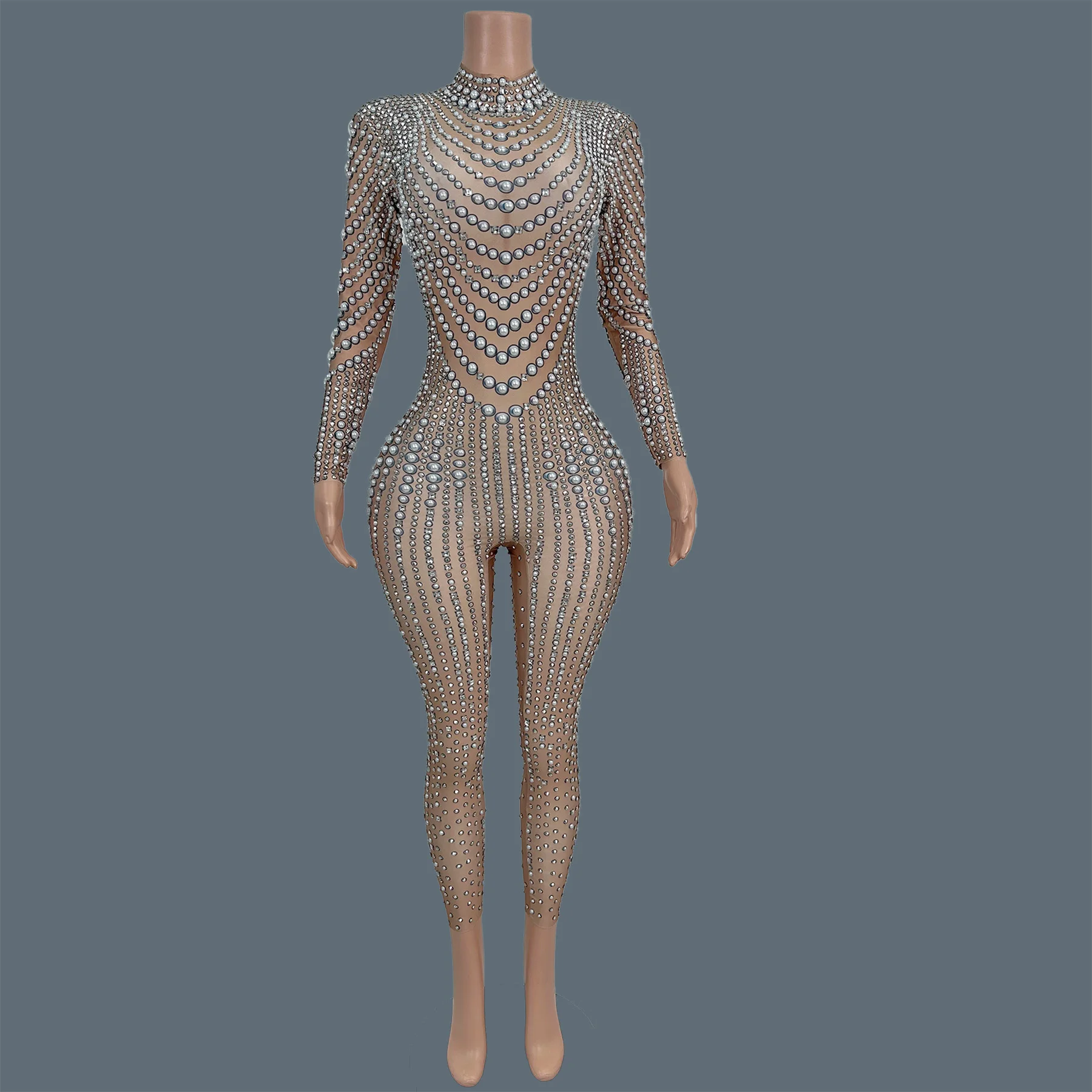 Spandex Elastic Pearls Tight Fitting Jumpsuit Nightclub Party Drag Queen Show Wear Carnival Bar Event Dance Outfit Zhenzhuwang