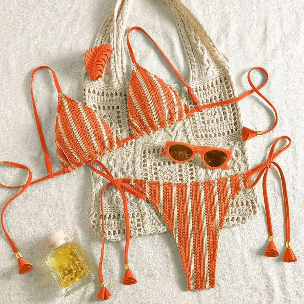 

Striped Knit Bikini Set Women Halter Triangle Cup Tie Side Swimsuit Tassel Detail Two Piece Bathing Suit