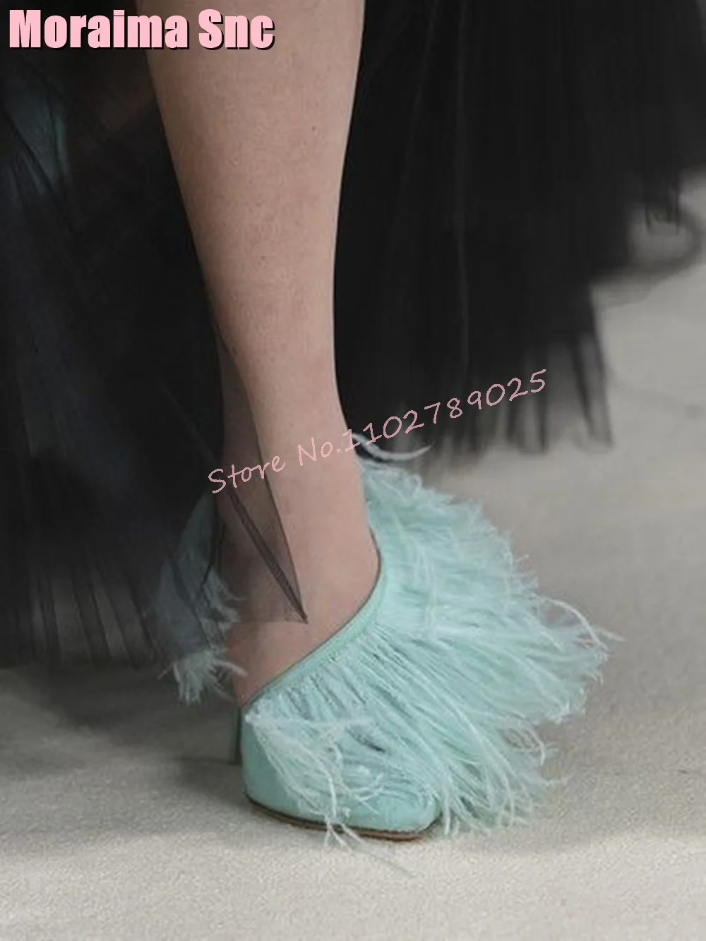 Unique Feather Satin Shallow Sandals Pointed Toe Slip On Back Strap Stiletto High Heels Women Wedding Shoes Summer Fashion 2023