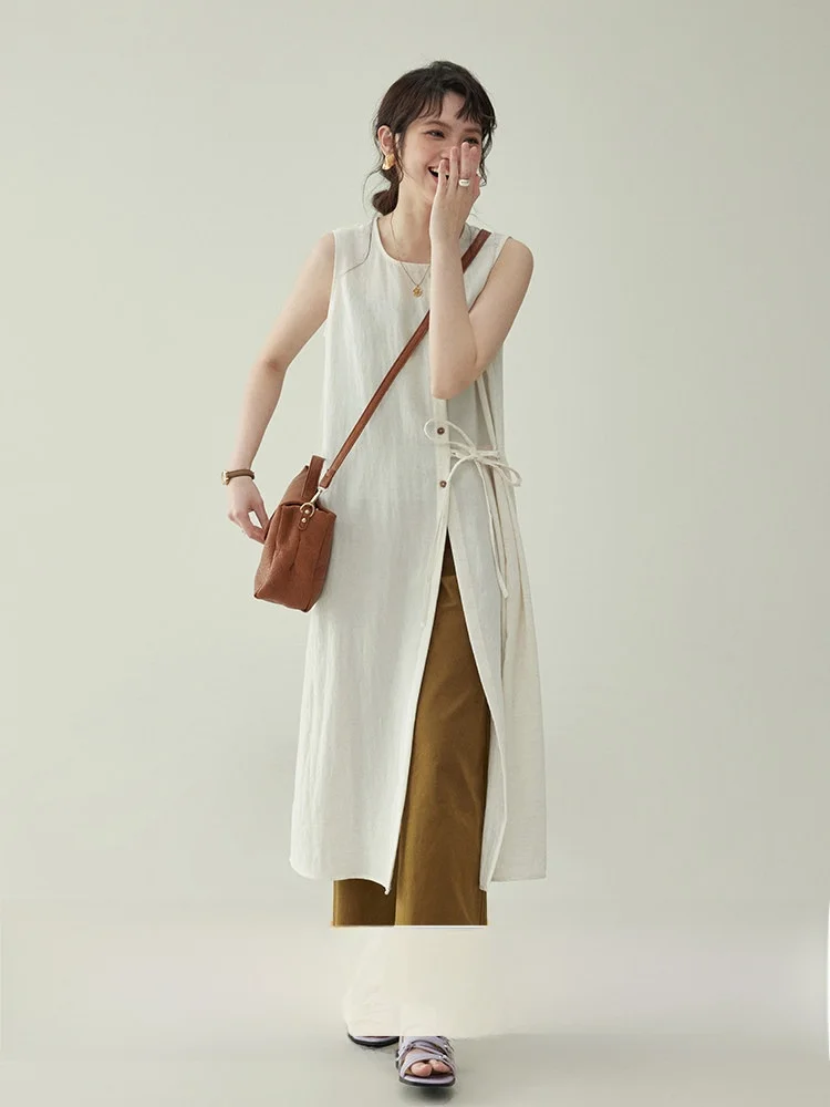 

AMUU Original Summer Women's Long Sleeveless Wrap Shirt with Slit in Beige Korean Style Loose Fit Button up Casual Shirt