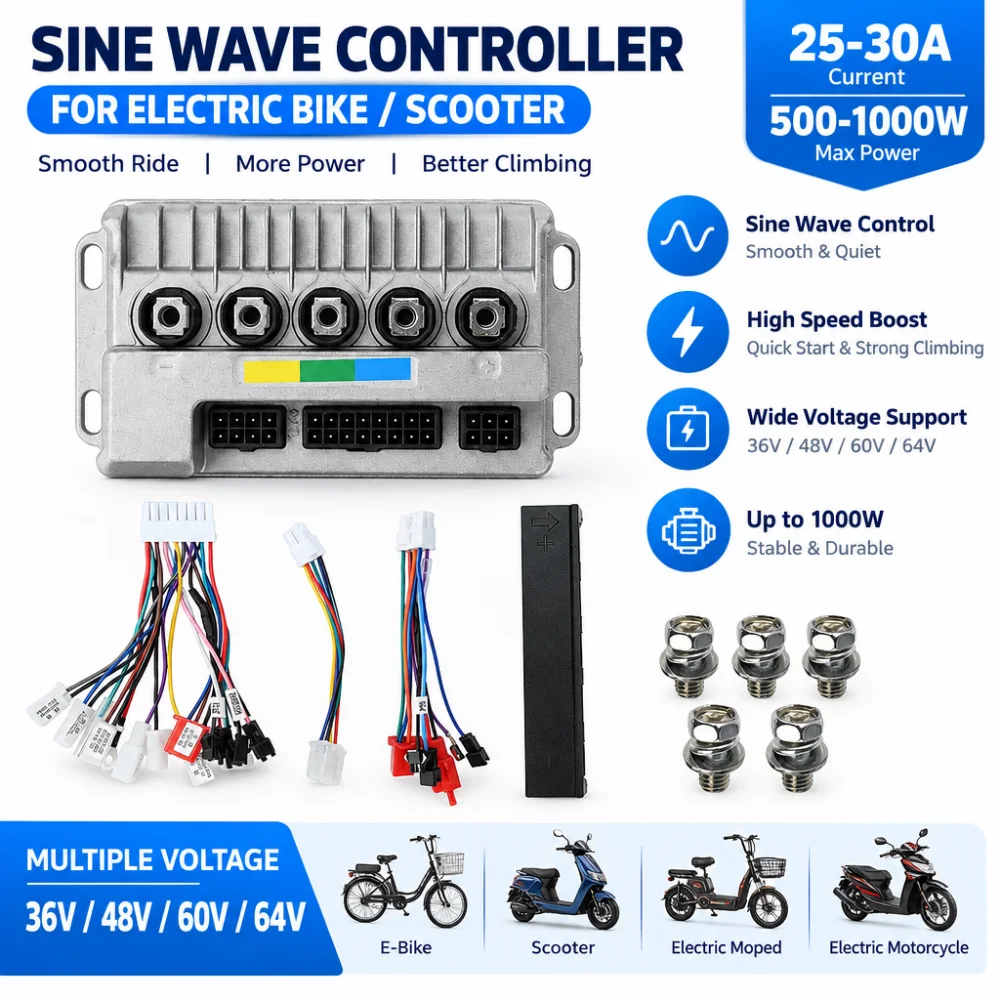 36V/48V/60V/64V Sine Wave Three-Mode Controller, 25A–30A 500W–1000W Brushless Motor Controller, suitable for electric bicycles