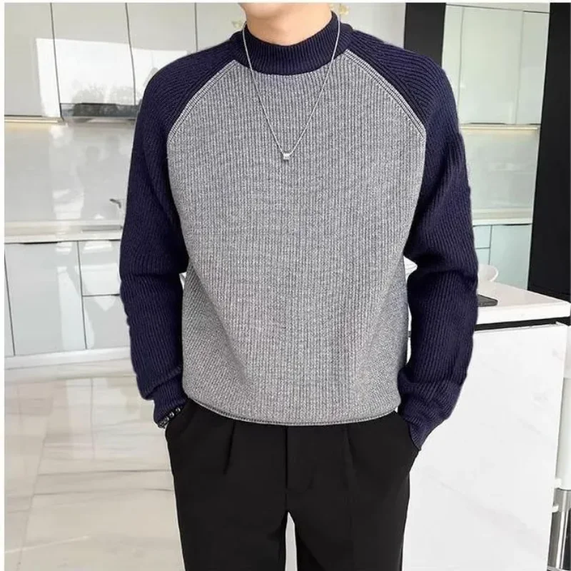 

Свитер с круглым вырезом контрастного цвета, мужской осенне-зимний универсальный свитер в корейском стиле, пуловер с круглым вырезом, топ