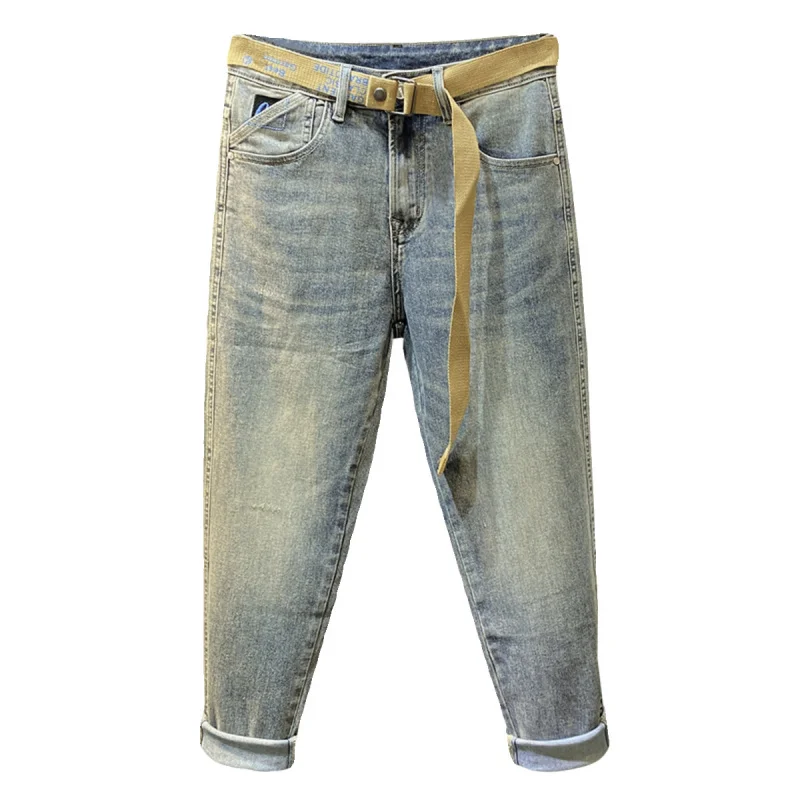 Pantalones vaqueros retro azul claro para hombre, jeans largos rectos pequeños, ajustados, informales, micro cónicos, primavera 2024