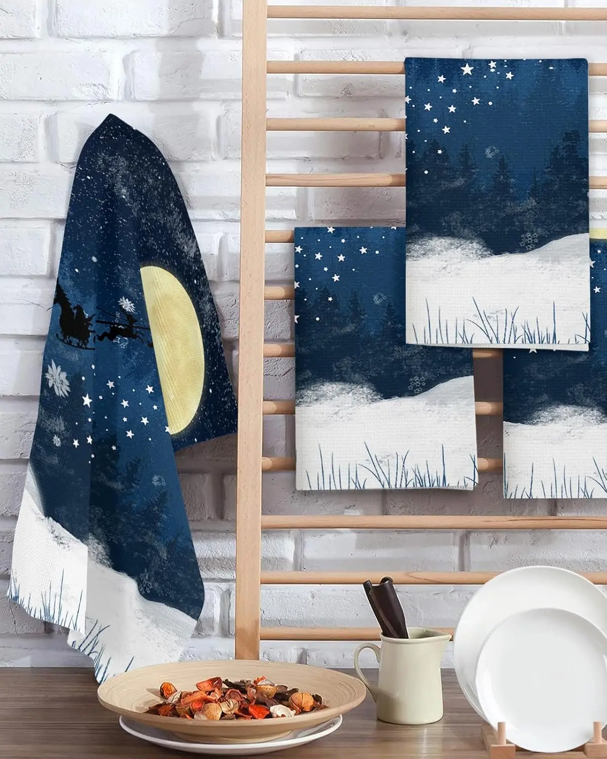 

Рождественский Санта-Клаус Лось Сани Снежинки Луна Лес Полотенце Чистящие средства Впитывающие полотенца для рук Набор рождественских украшений