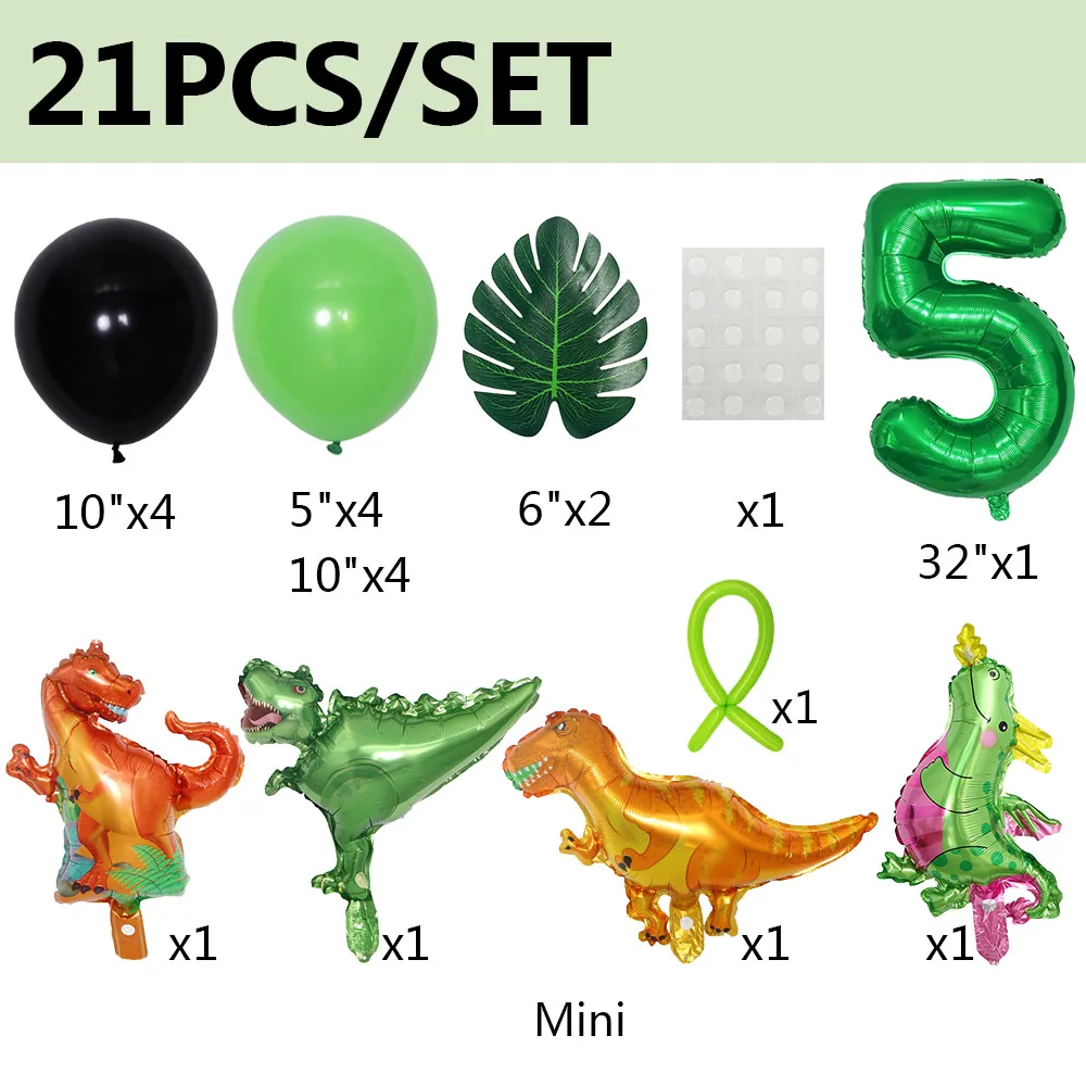 21pcs Dinosaur Balloons Green Digital Birthday Theme Balloon Baby Shower Jungle Dinosaur Party Decoration