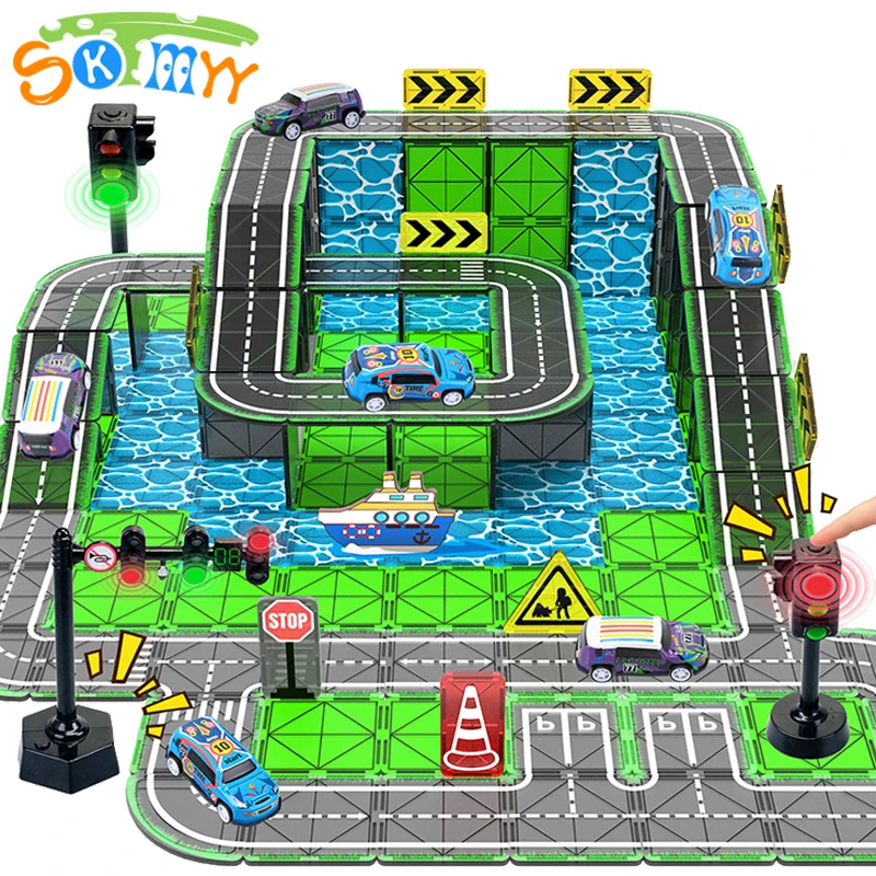 

48pcs Road Theme Magnetic Tiles City Road Car Boys Toys Building Tiles Sensory Games STEM Activities Learning Toy for Kids Gifts