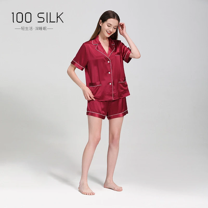 25MM Heavy Silk Pajamas Women's Piping Short-sleeved Shorts 100% Mulberry Silk Home Clothes Suit Soft Lapel Cardigan 2 Piece Set