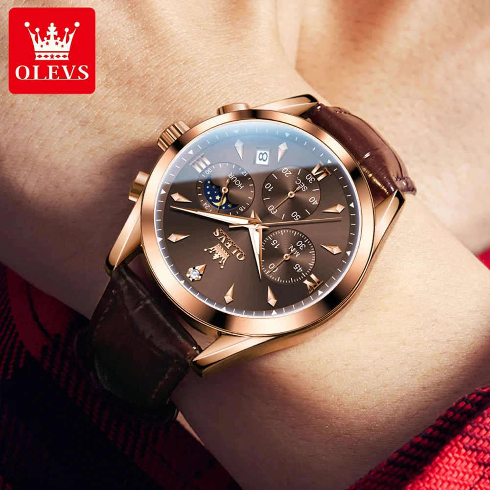 OLEVS Brand New Fashion Chronograph Quartz Watch Men Leather Strap Waterproof Luminous Calendar Mens Watches Relogio Masculino