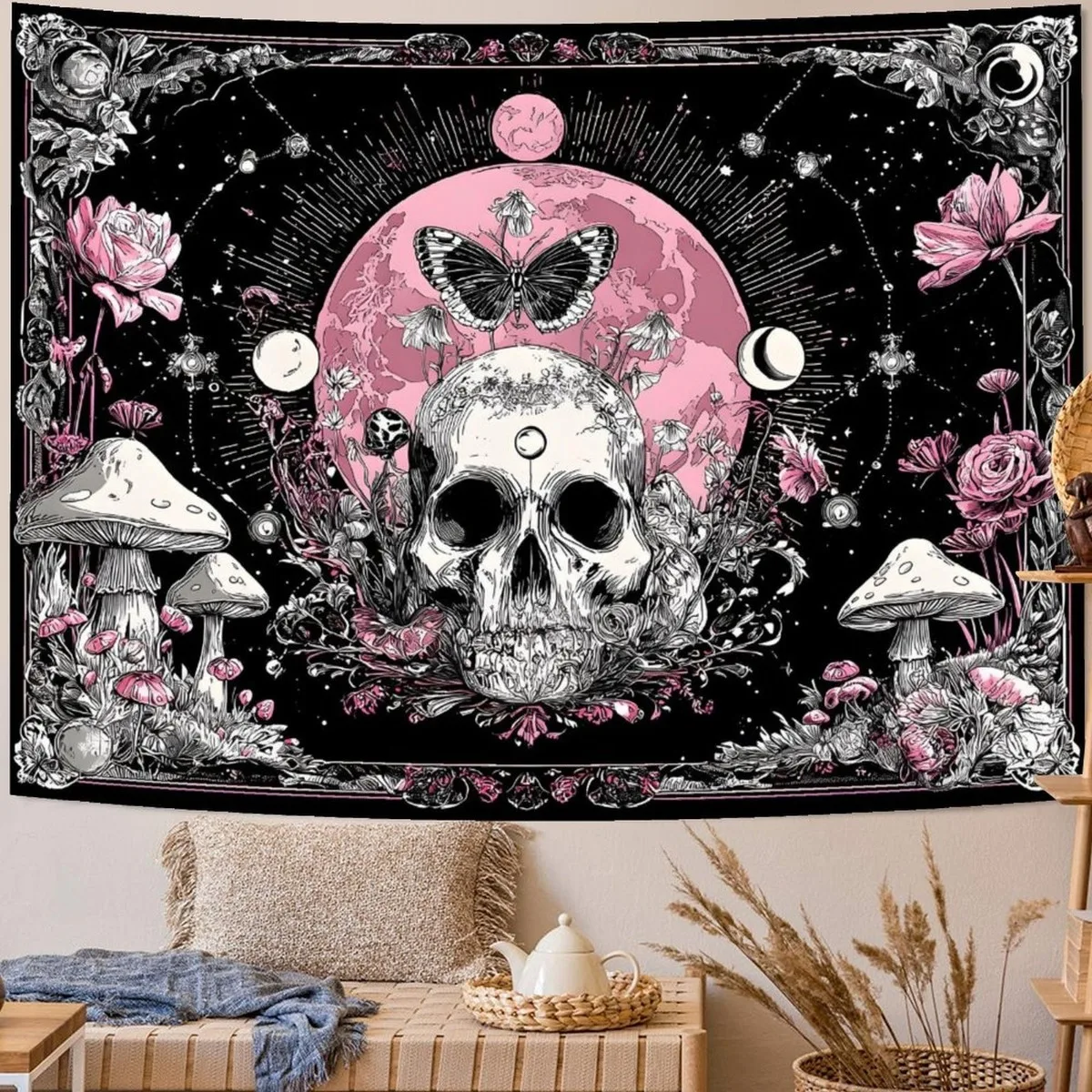 FAXDONG Tapiz Gótico Bohemio para Colgar en la Pared - Arte Fantástico de Calavera y Hongos Rosa & con Fases Lunares, Rosas e In