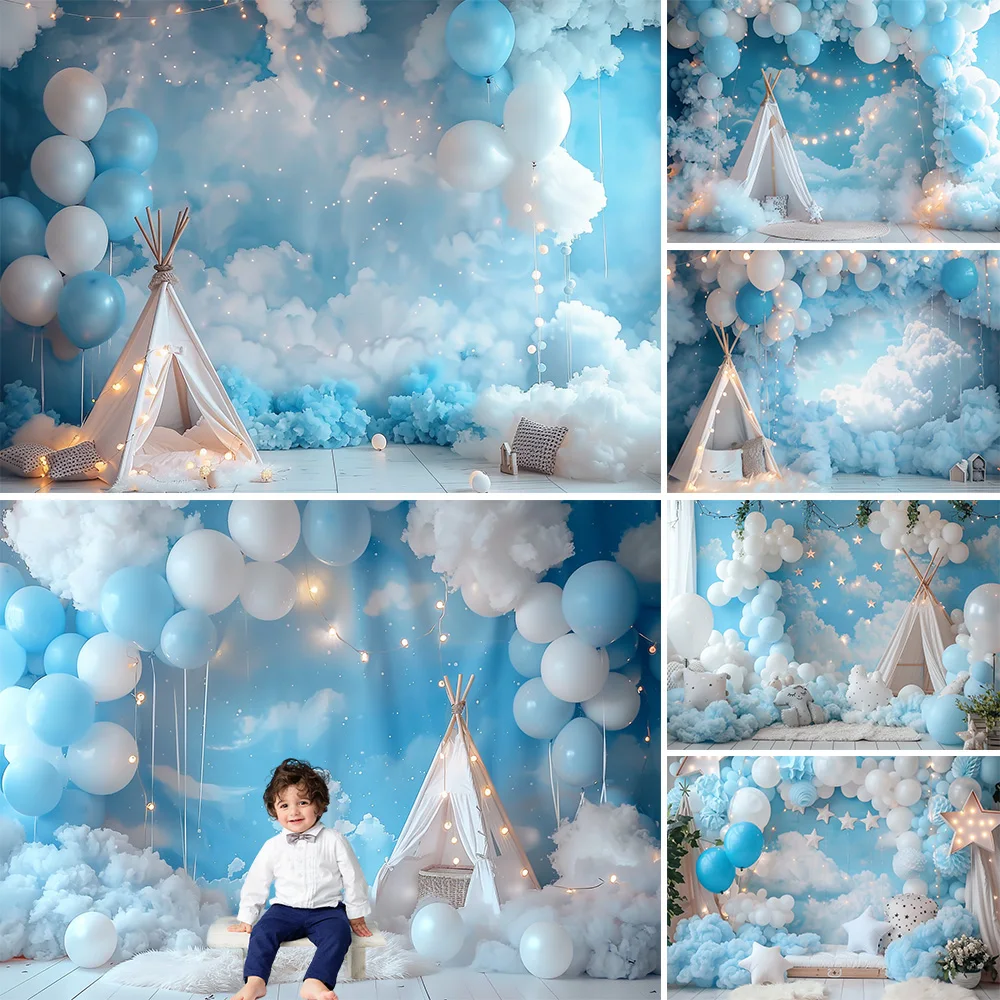 

Mocsicka Baby Boy Blue Photography Background Wall Sky Clouds Balloon Tent Backdrop Newborn 1st Birthday Boho Photozone Studio