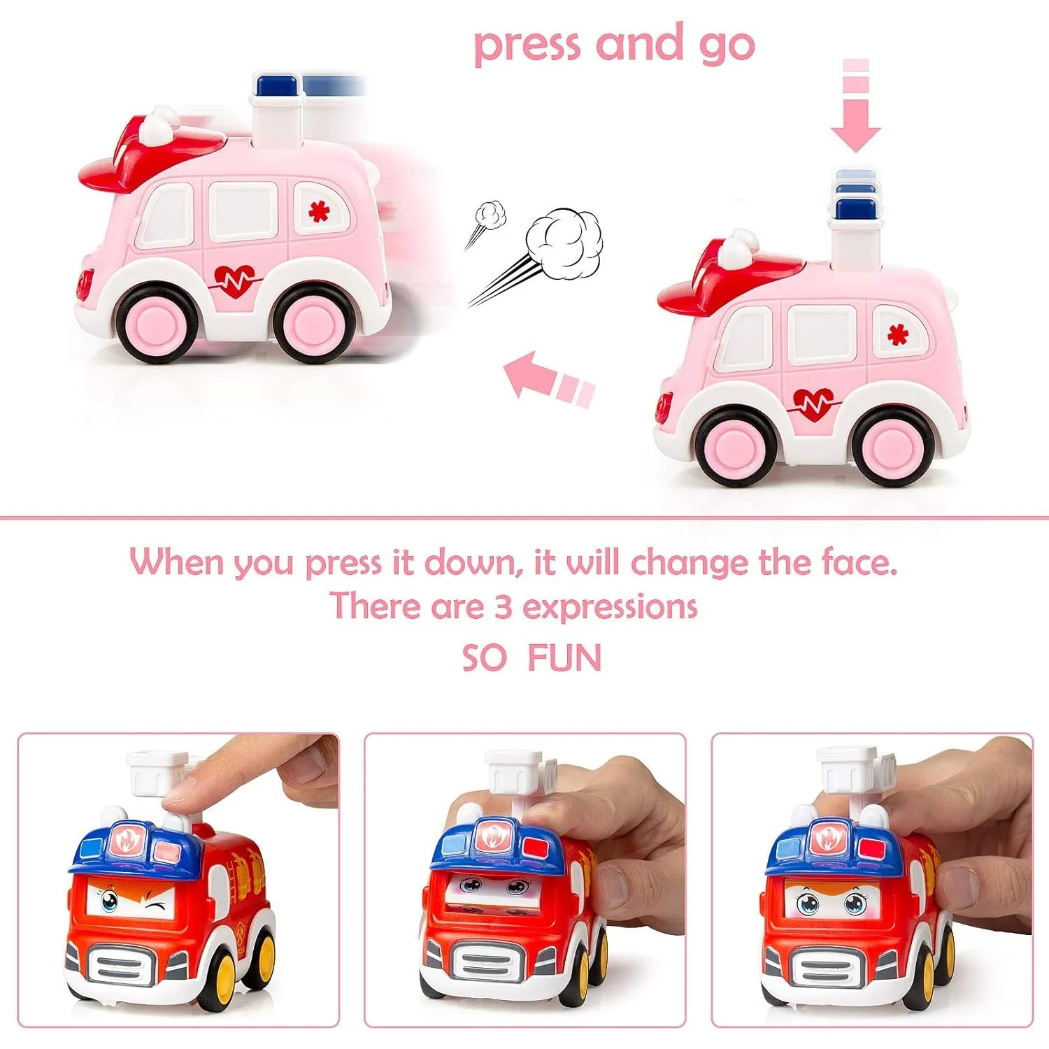 Baby Animal Car Toys Toddler Press and Go Vehicle Baby Toy Police Car Construction Truck Fire Truck Ambulance for Kids Boys Girl