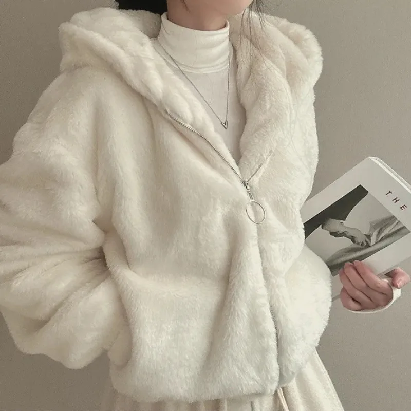 Hooded Plush Thick Section Wool Jacket Women's Fall And Winter Padded Thickened Zipper Warm Short Coat Cute New Fashion