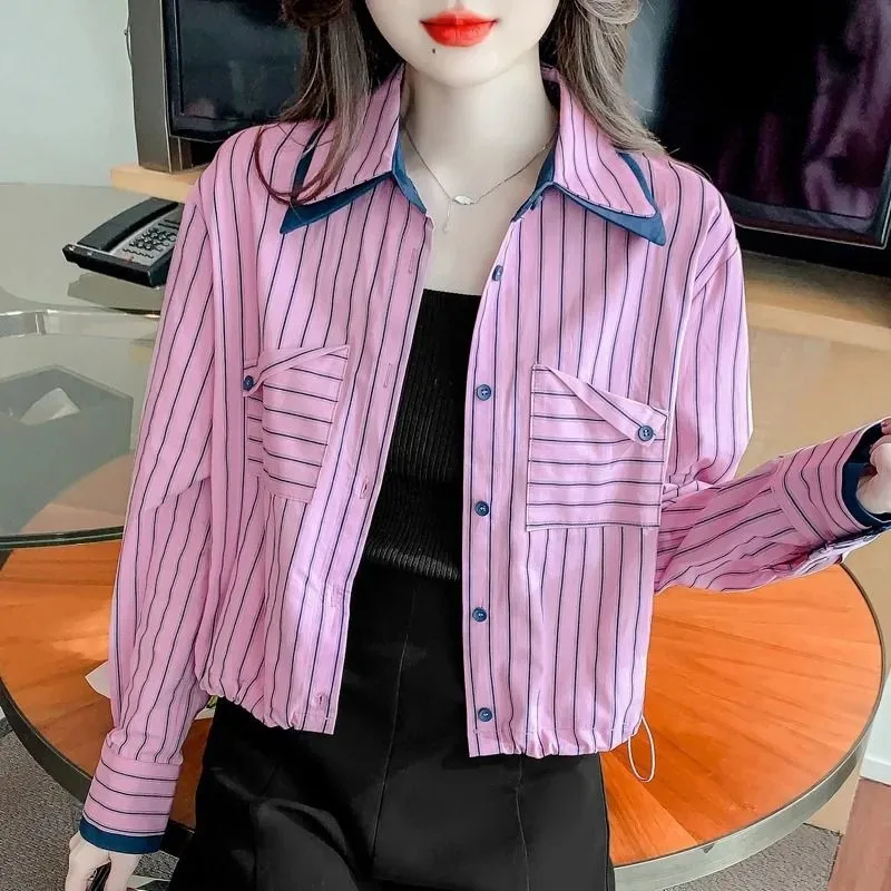 Jesienna damska koszula w paski z długim rękawem, luźny kardigan w stylu francuskim, krótki płaszczyk, bluzki.