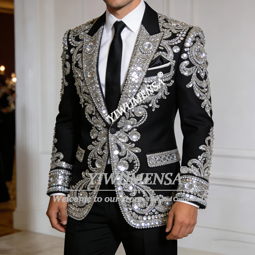 

Роскошные мужские костюмы с бусинами и камнями, смокинги для жениха с остроконечными лацканами, свадебные пиджаки для выпускного вечера, брюки, комплект из 2 предметов, элегантные мужские костюмы