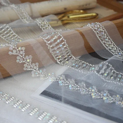 

2Meters. New High Quality High End 3D Mesh Machine Woven Bead Embroidered Edge Ribbon Lace Nail Bead Clothing Accessories
