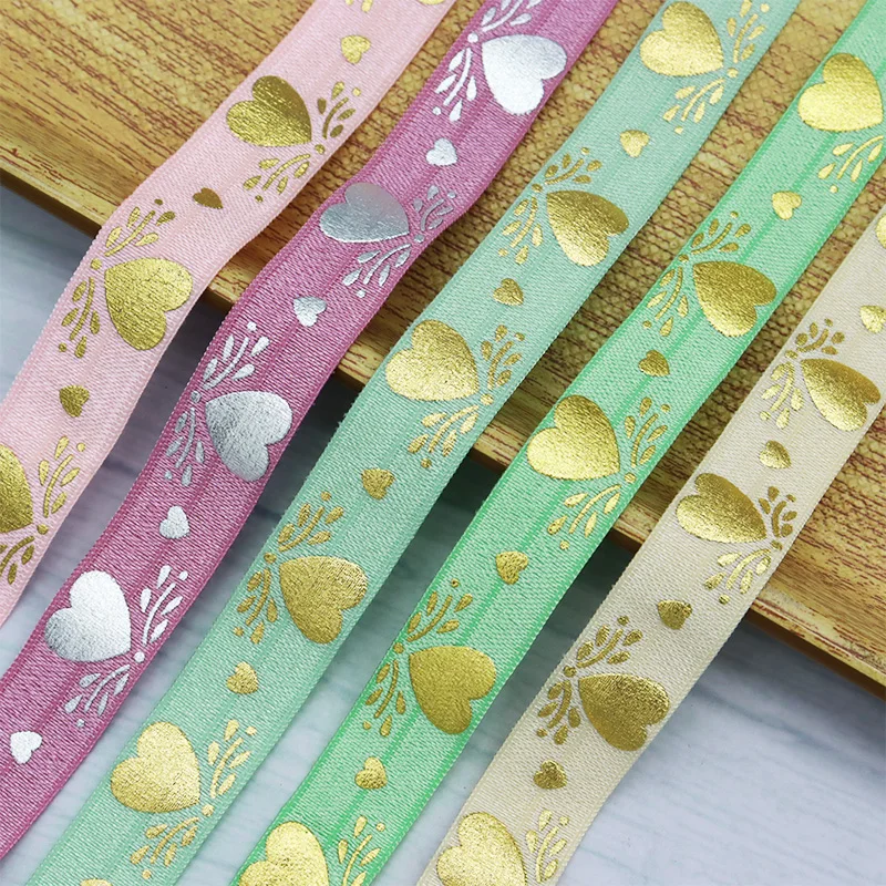 

5/8" 15mm Gold Foil Love Heart Print Spandex FOE Band Fold Over Elastic Ribbon For Hair Tie Headband DIY Sewing Trim