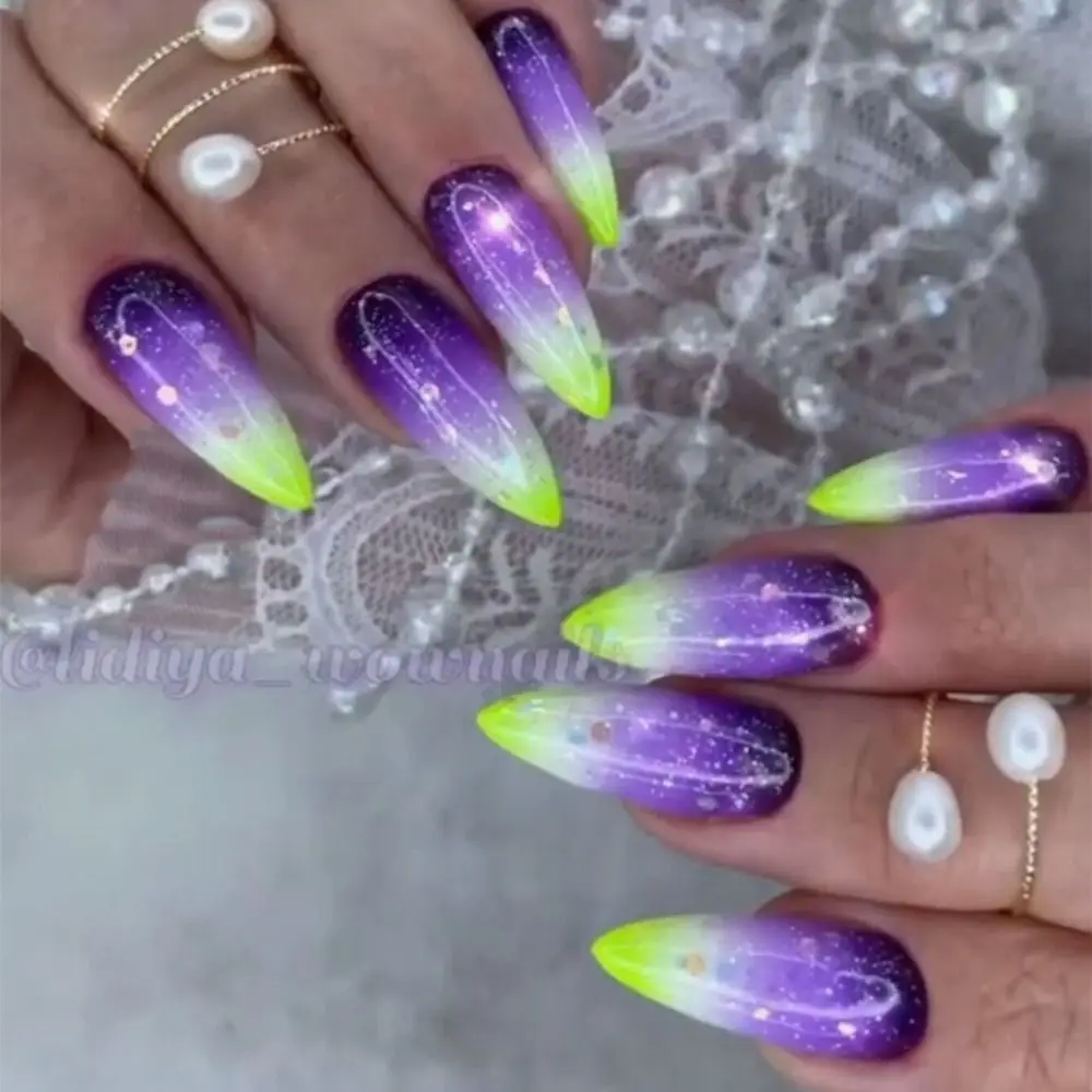 

French False Nails Fashion Starry Gradient Purple Aurora Fake Nails Detachable Full Cover Nail Tips Women Girls