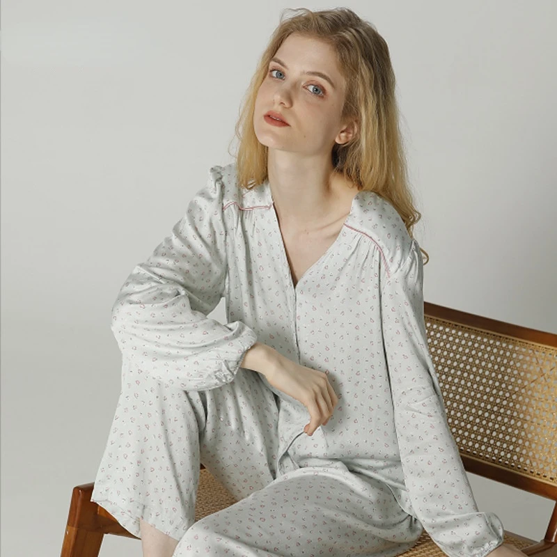 Spring 2021 New Idyllic Satin Pajamas for Women V-Neck Long-sleeved Trousers Suit Viscose Flower Print Two Piece Set Sleepwear